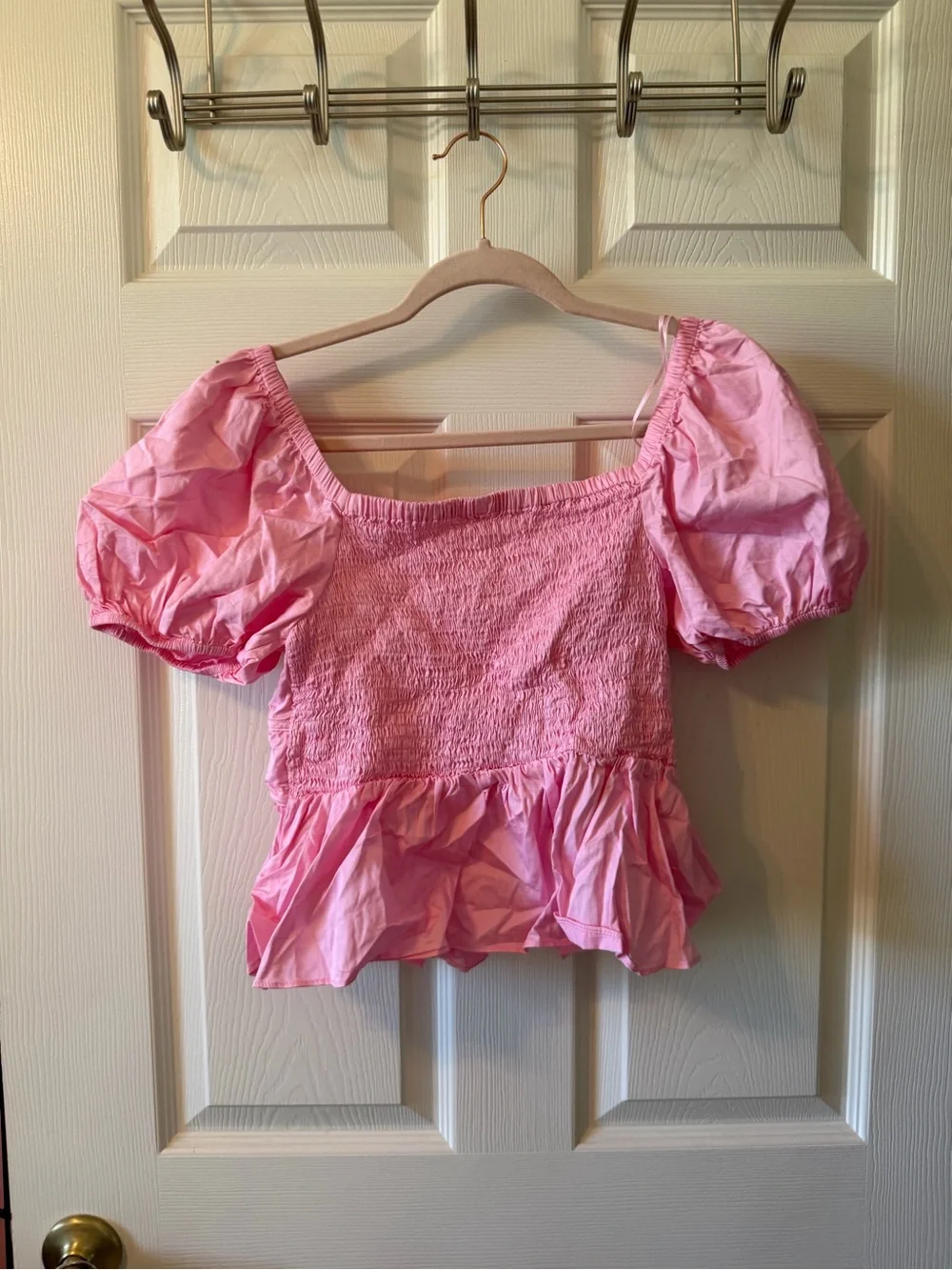 Astr Pink Puff-Sleeve Tie-Front Peplum Top